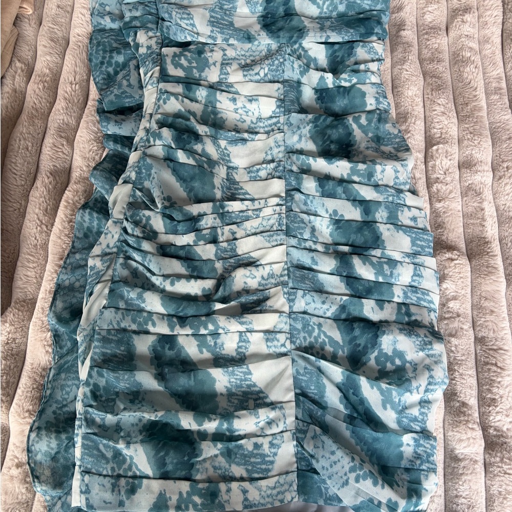 Guess Teal Blue Python Pattern Ruched Mini Dress - Picture 2 of 5